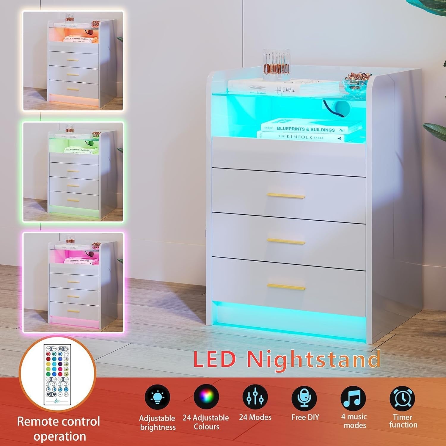 Modern White LED Bedside Table with Power Socket, RGB Light & 3 Drawers
