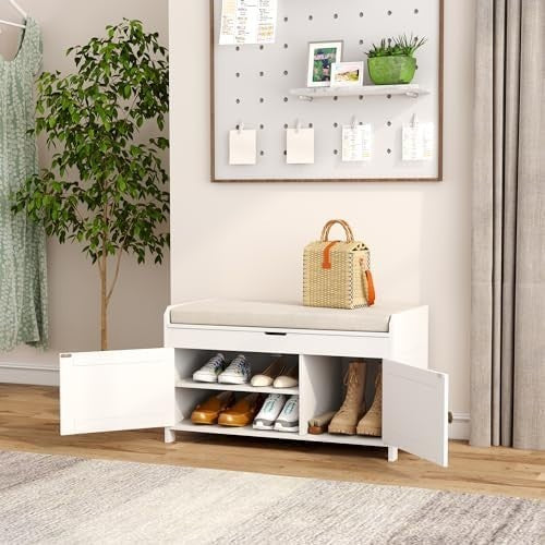 White Shoe Storage Bench with Cushion Seat 2-Door Cabinet Entryway 76x39x46cm