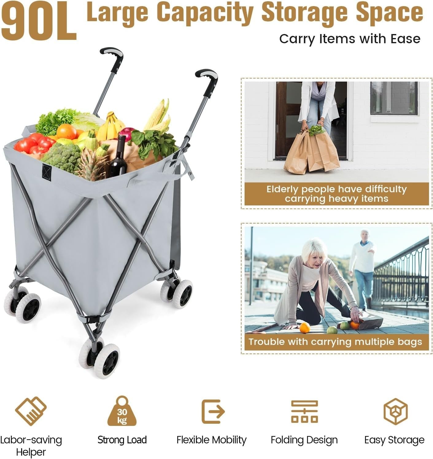 Extra Large 90L 8-Wheel Folding Shopping Trolley Cart Grey