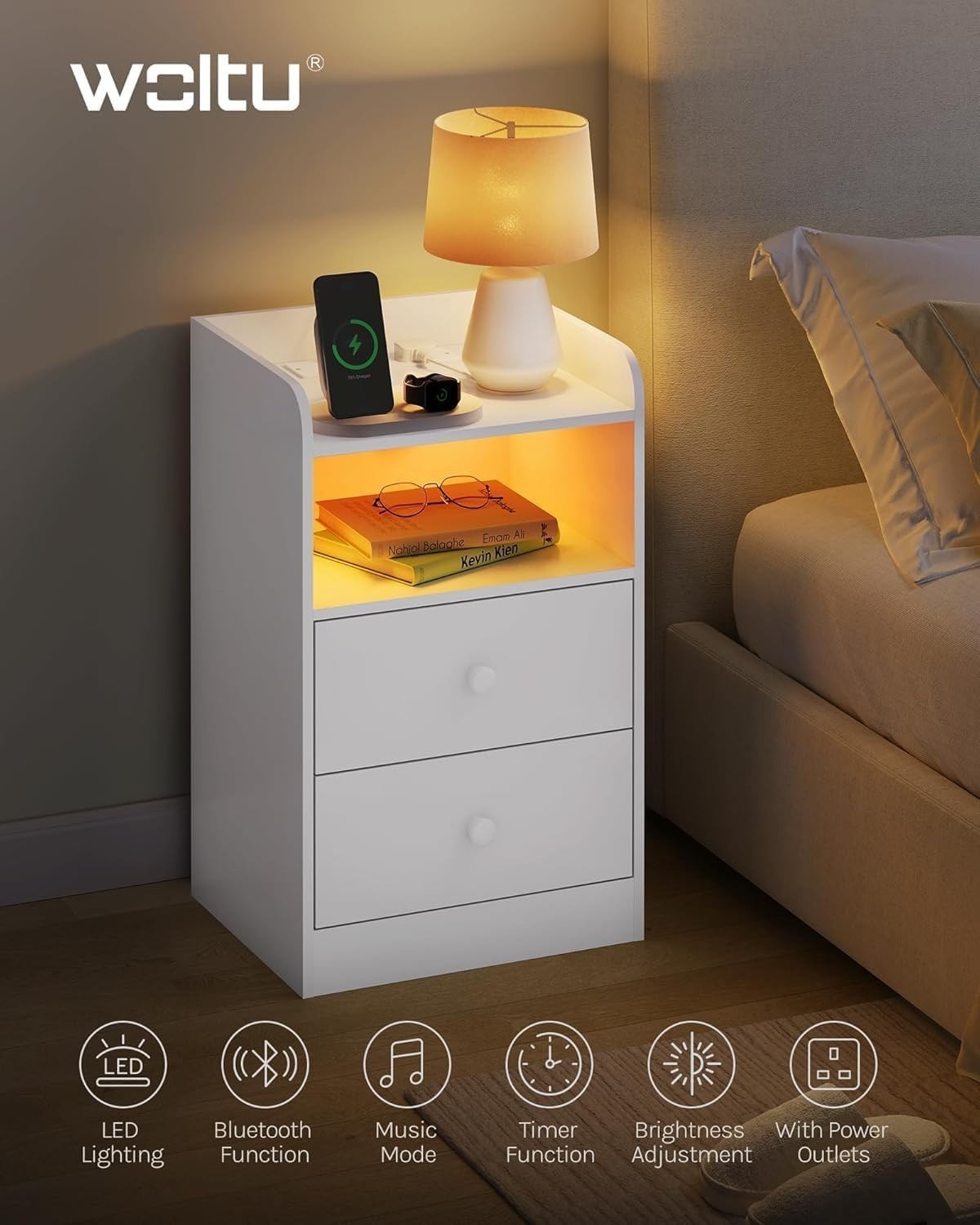 Set of 2 Smart Bedside Tables with USB Ports, LED Lights & 2 Drawers, White