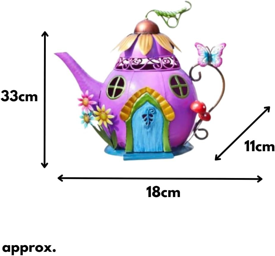 Teapot Fairy House Garden Ornament Metal Hand-Painted Weatherproof 28cm Decor