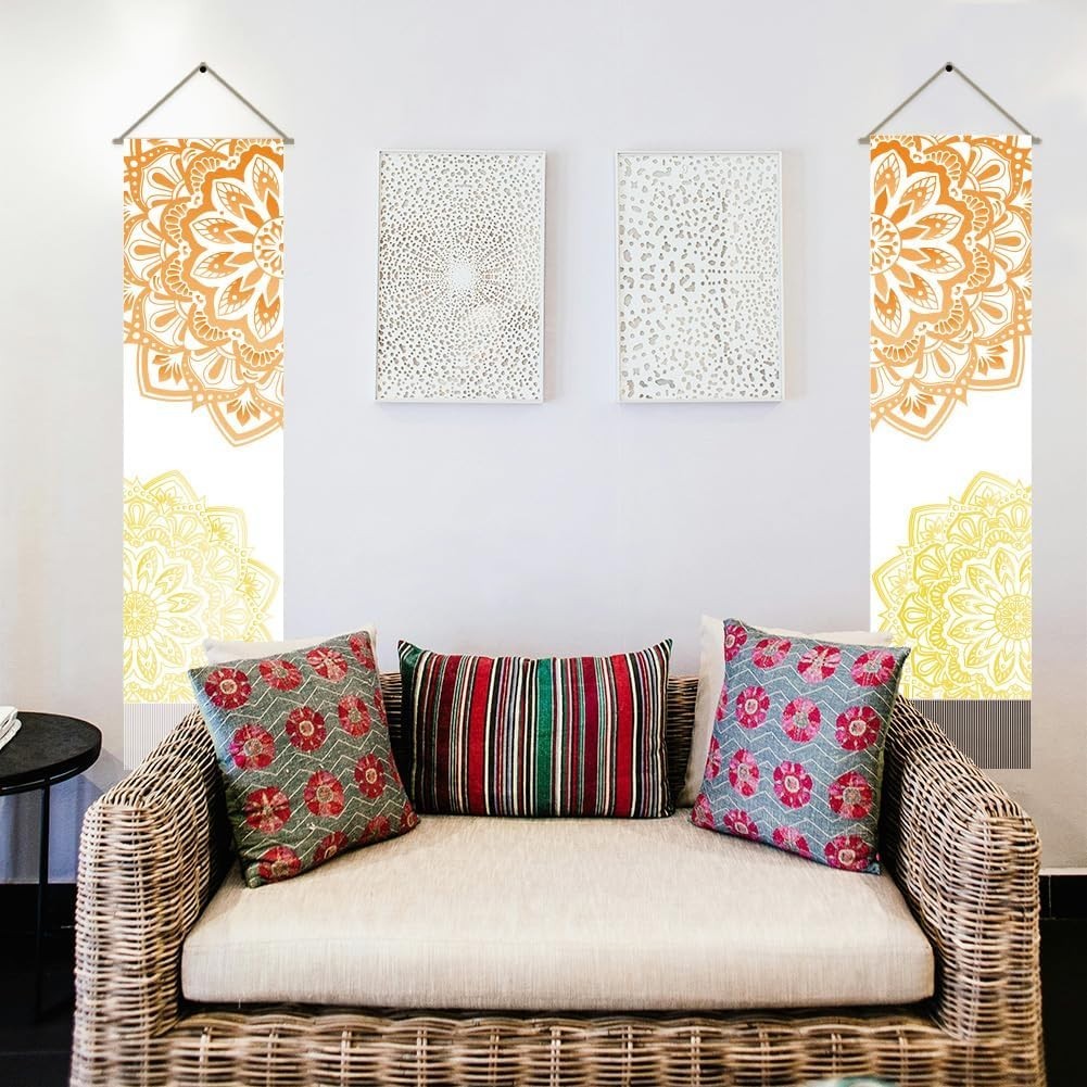 Boho Mandala Wall Tapestry 2pcs 45.7x13in Orange Gold Decor