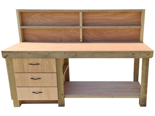 5ft Heavy Duty Wooden Workbench – Eucalyptus Top, 3 Drawers, Shelf & Back Panel