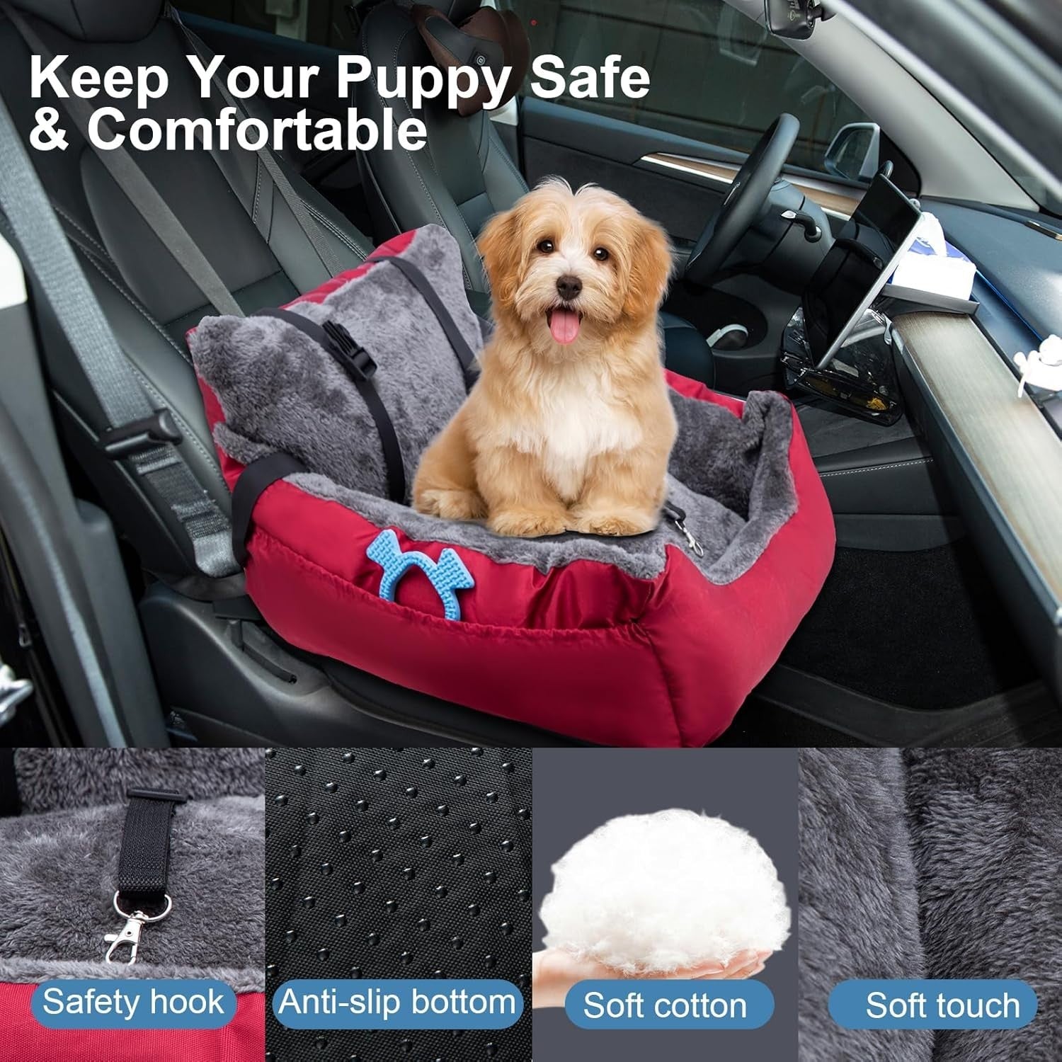Plush Dog Car Booster Seat Pet Travel Bed Safety Leash Non Slip Base
