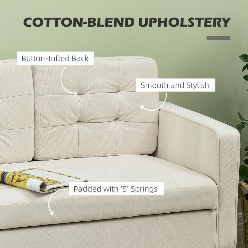 Modern 2 Seater Sofa w/ Storage, Tufted Cream Cotton Couch, Wood Legs 117cm