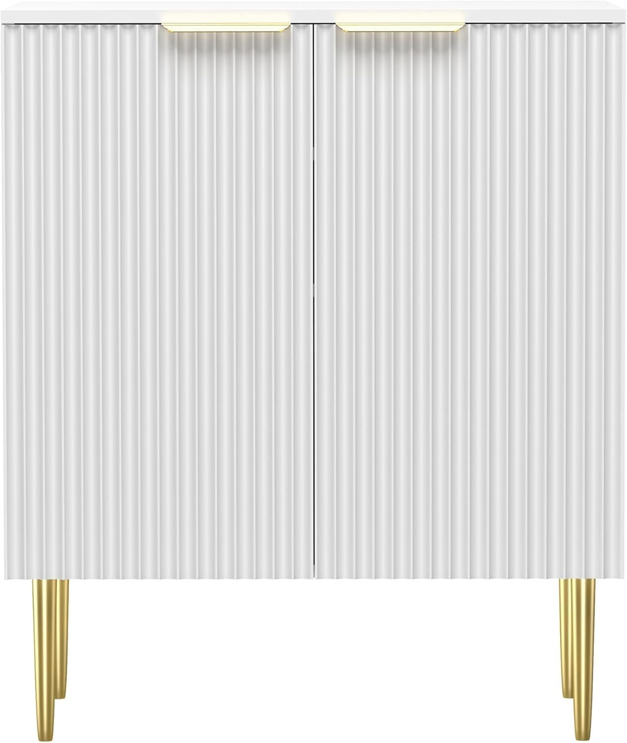 Modern White Fluted Sideboard Cabinet Storage Unit 2 Door Metal Legs