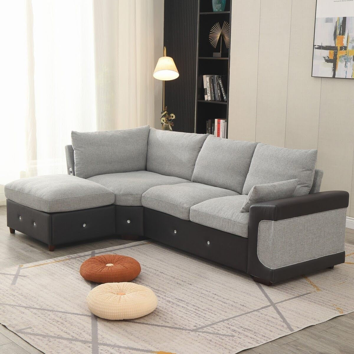 4 Seater Corner Sofa with USB Port & Chaise – Linen & Faux Leather