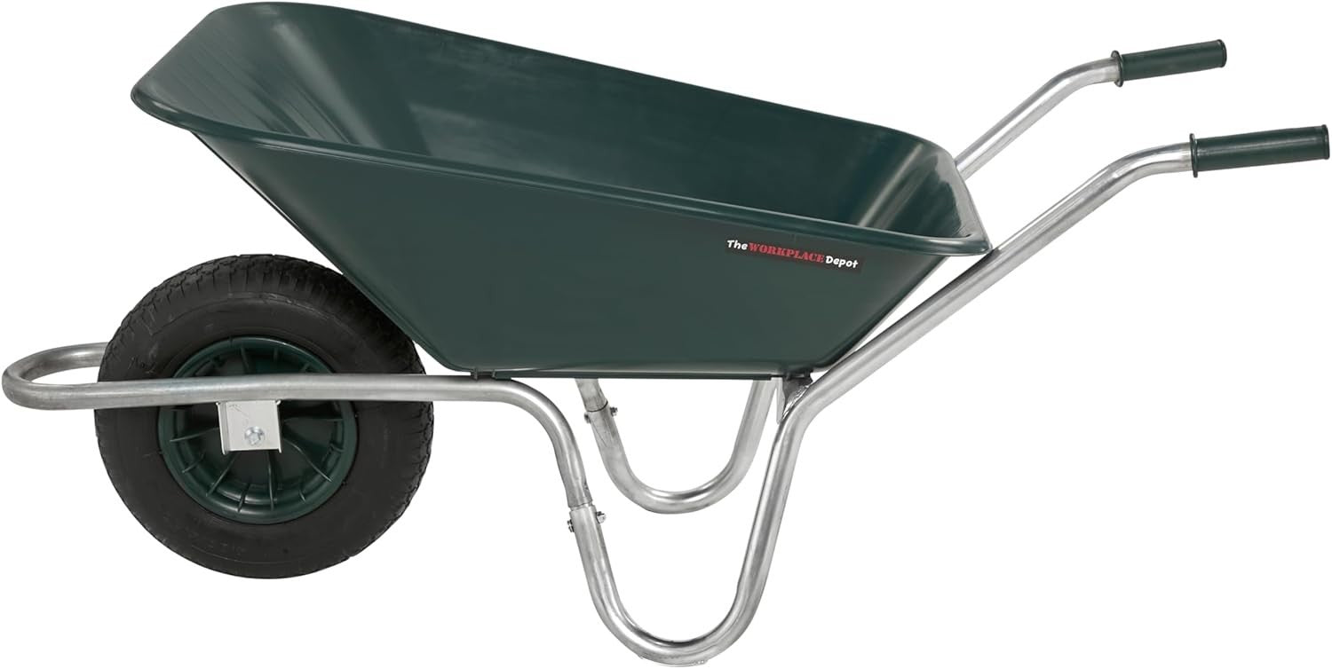 90L 1-Wheel Wheelbarrow Green – Pneumatic Tyre Steel Frame w/ Ergo Handles 120kg