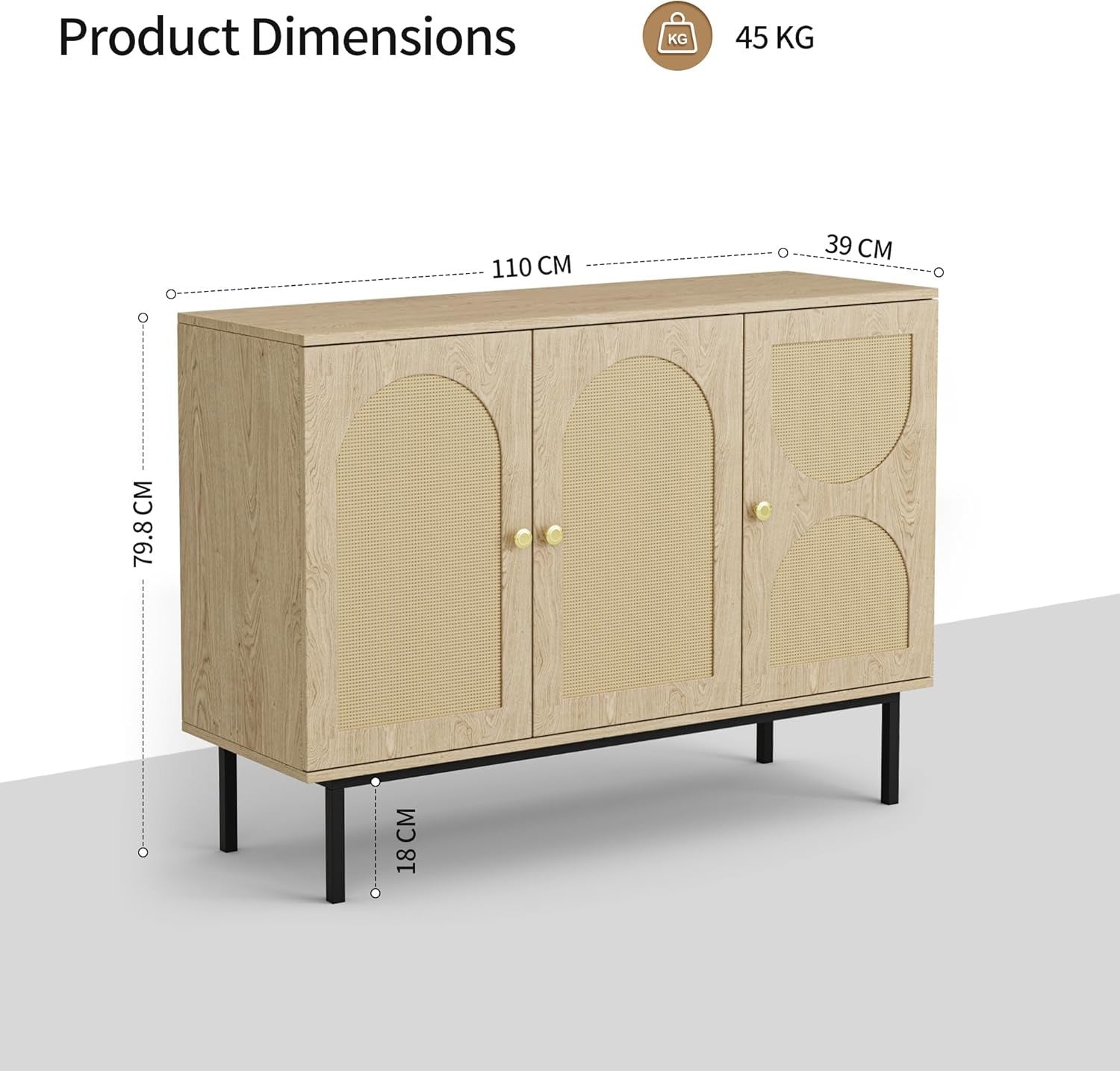 Rattan Sideboard Cabinet 3 Door Wooden Storage Unit for Dining Room