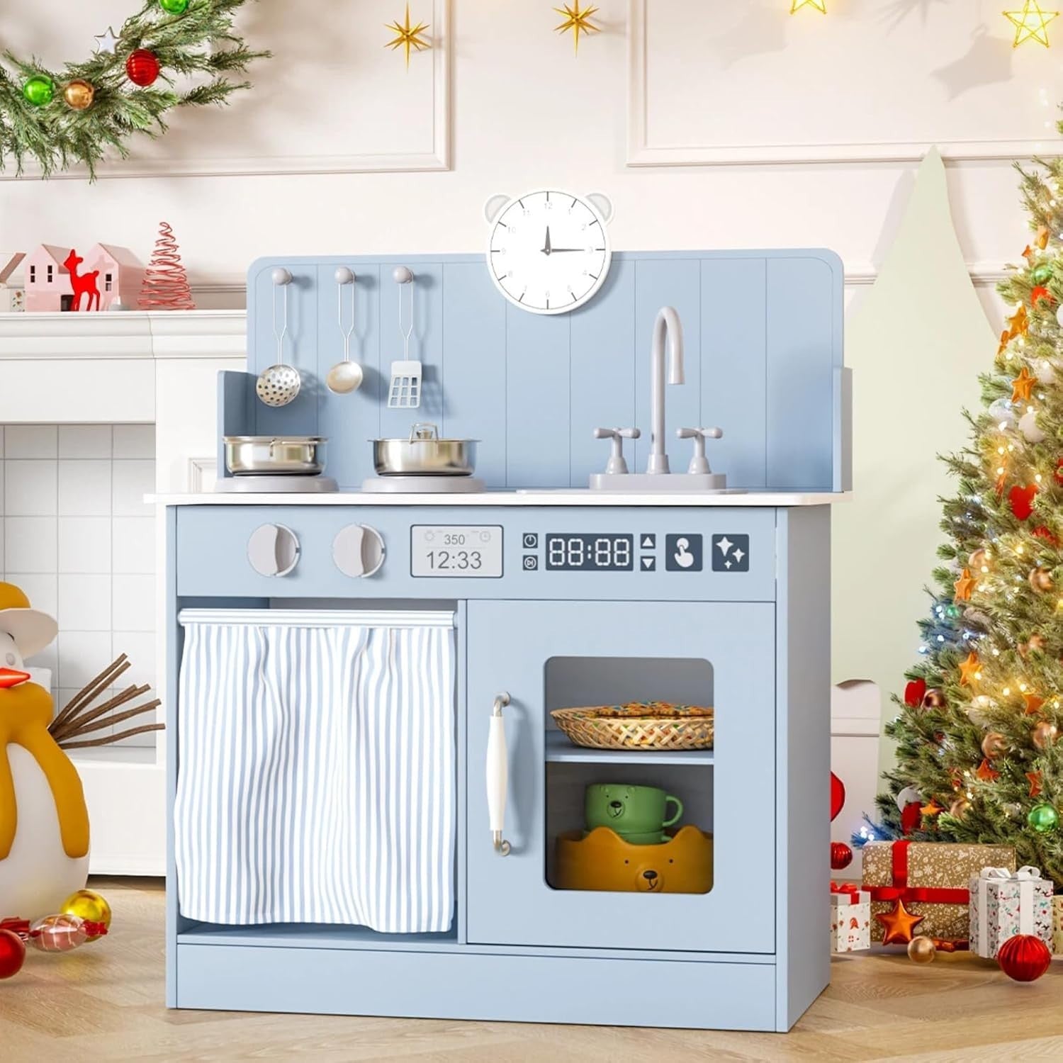 Wooden Kids Play Kitchen Blue Cooker Sink Toy Set w Storage & Clock