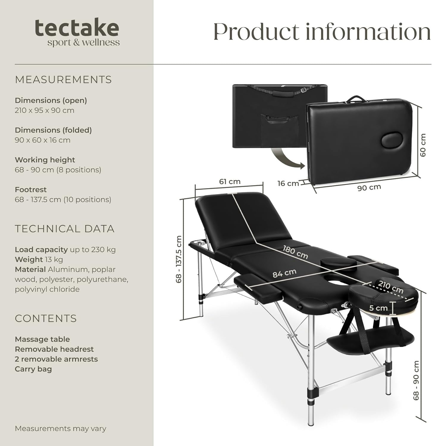 Portable 3 Section Massage Table Foldable Aluminium Beauty Spa Bed 61cm Black