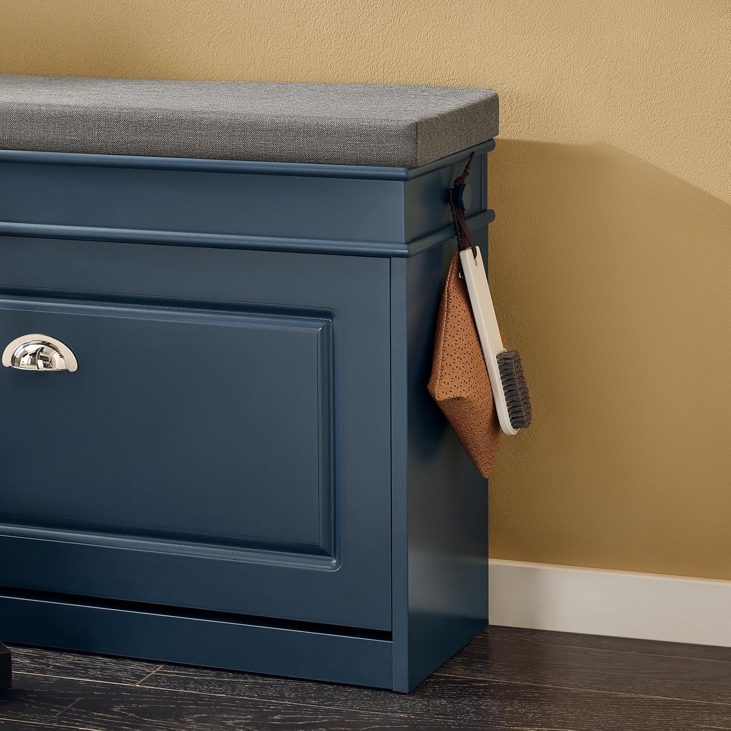 Narrow Shoe Storage Bench with Flip Drawer & Cushion, 150kg Load, Blue