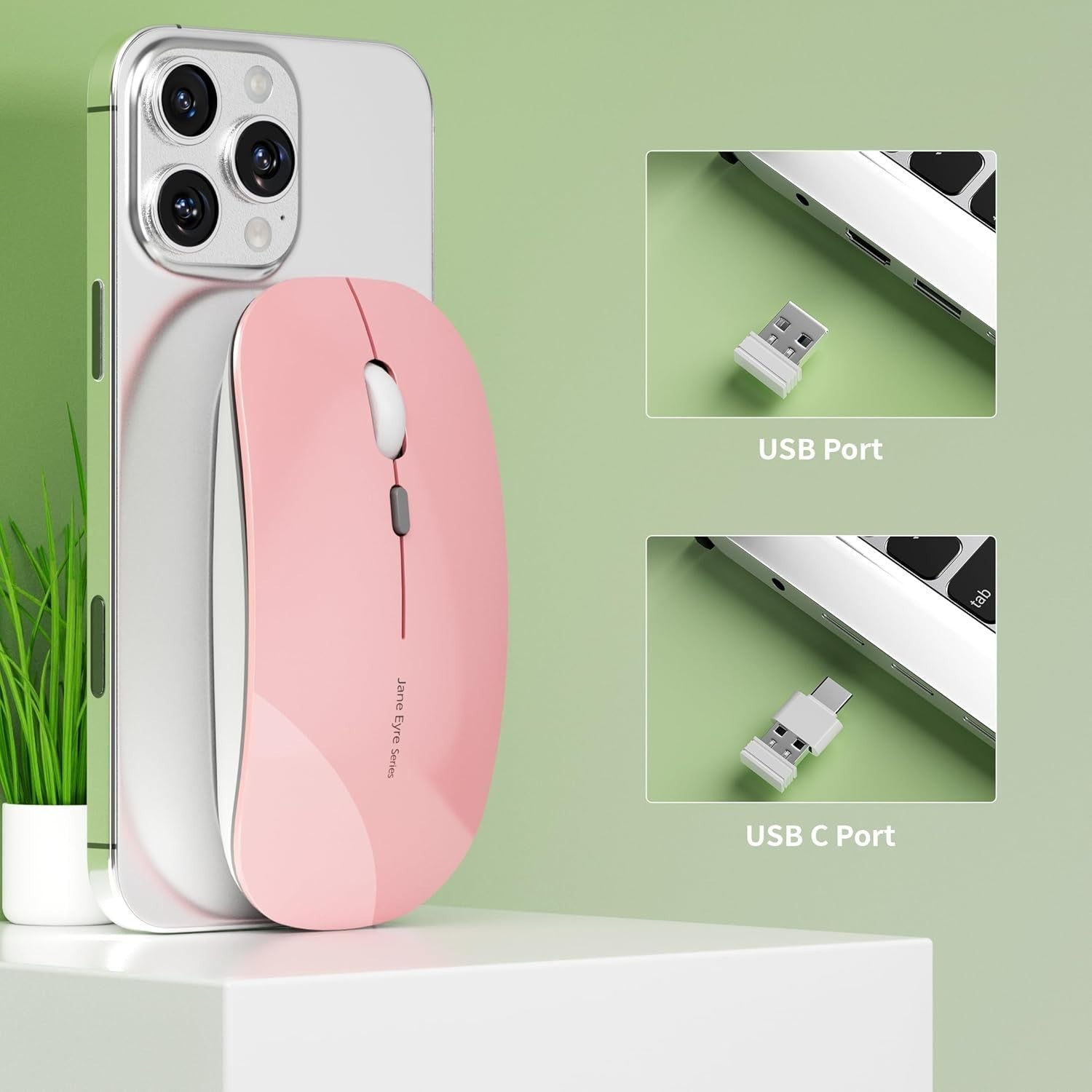 Slim Rechargeable Wireless Mouse Silent 2.4G 1600 DPI Pink