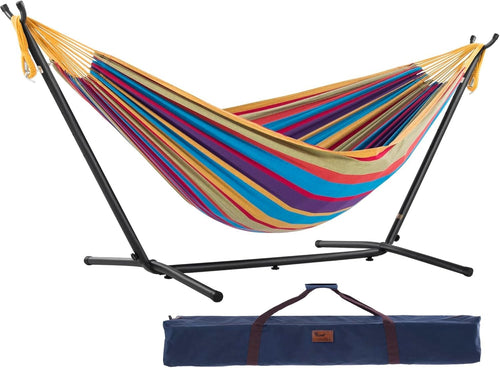 Tropical Double Cotton Hammock with Stand 205kg Capacity Adjustable Indoor