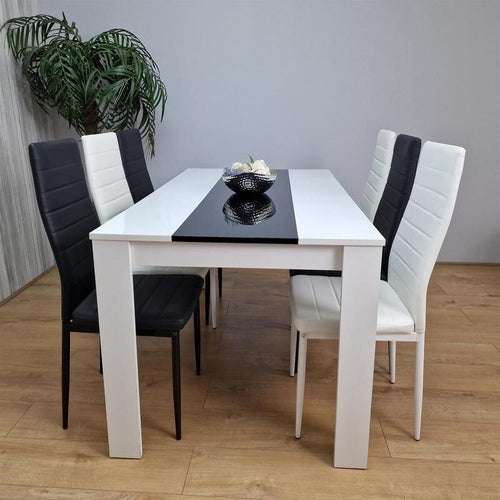 White Gloss Dining Table Set with 6 Faux Leather Chairs Modern Kitchen