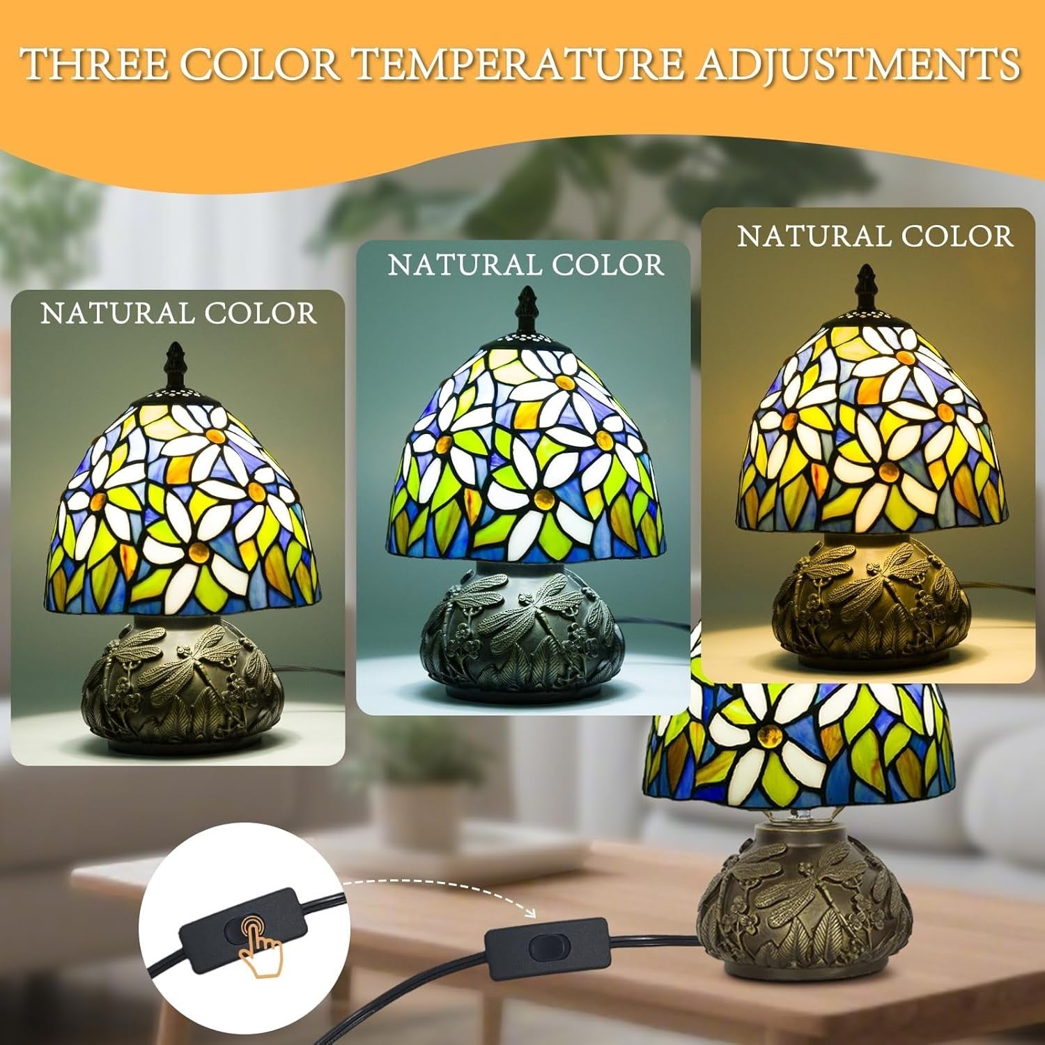 Small Tiffany Stained Glass Desk Lamp 8x8x11in 3 Color Temps White Flower