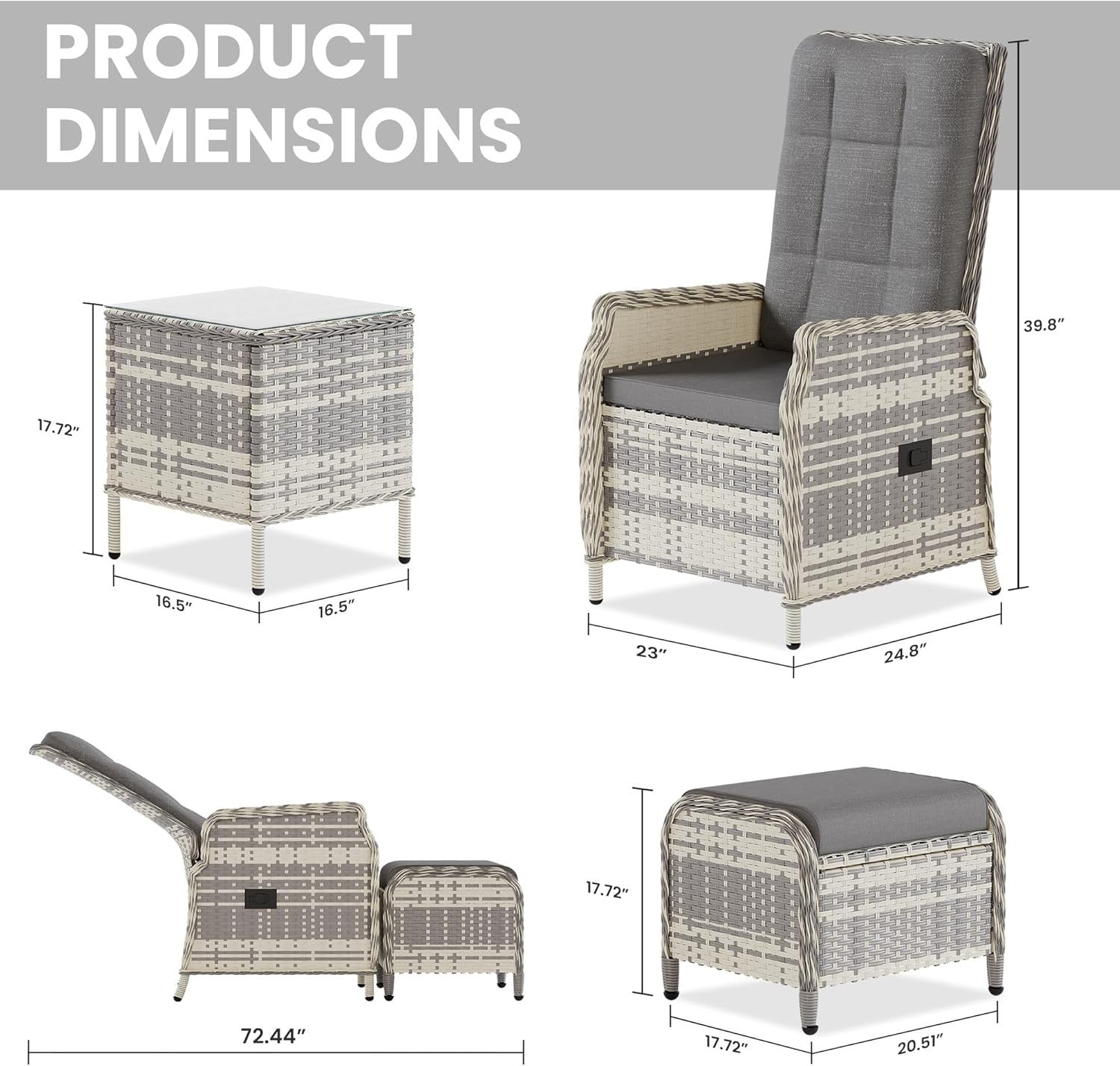Adjustable Rattan Recliner Bistro Set Chairs Stools Coffee Table Patio Grey
