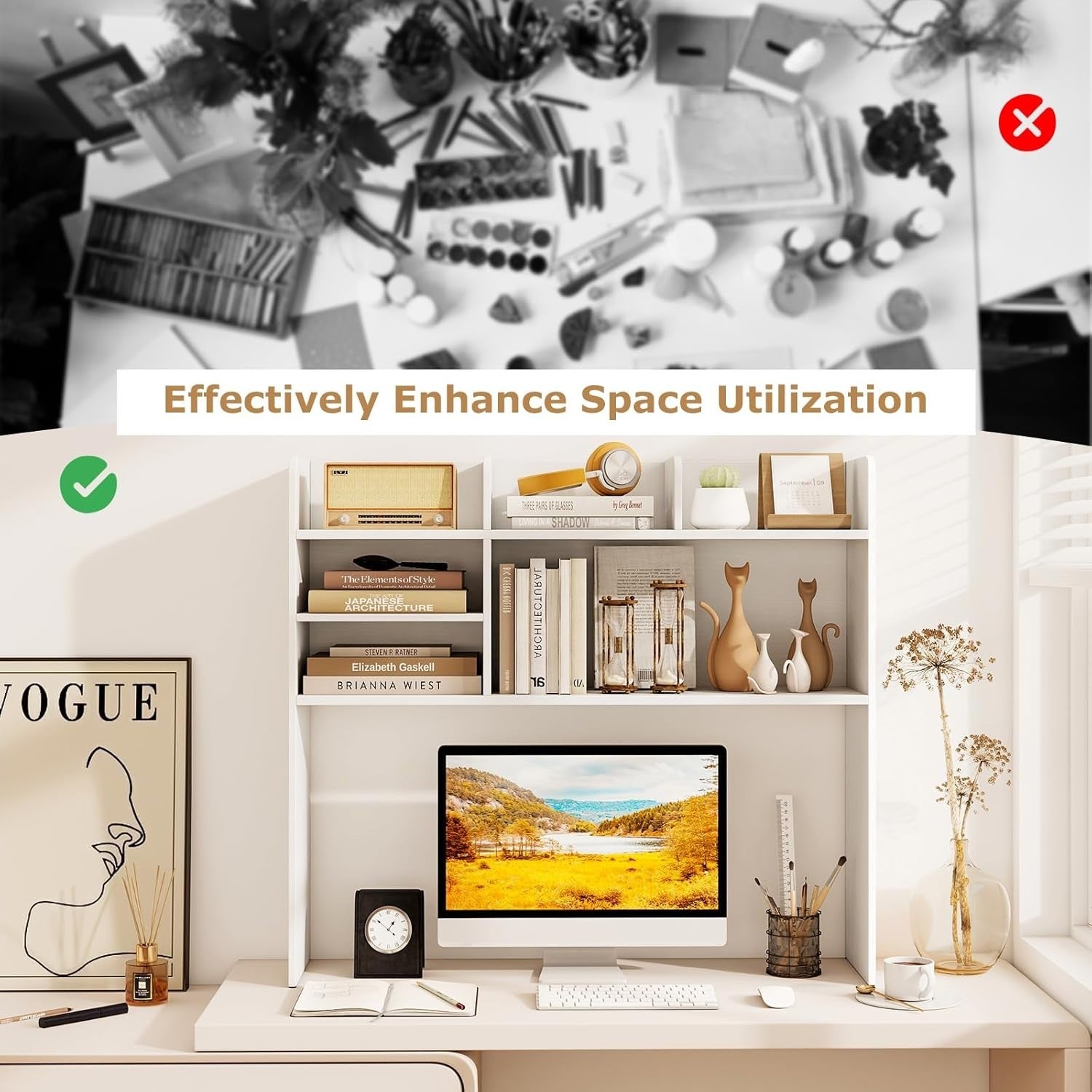 White Desktop Bookshelf Hutch 6-Shelf Monitor Storage Rack Adjustable
