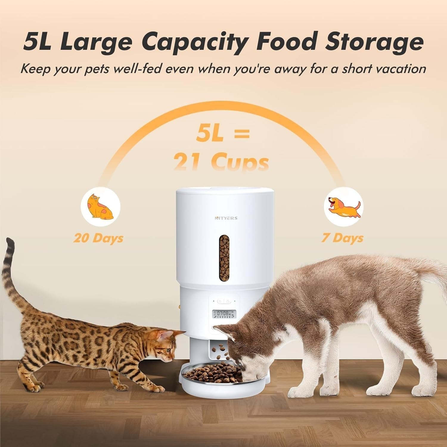 Automatic Cat Feeder 5L Timed Food Dispenser 6 Meals Voice Recorder