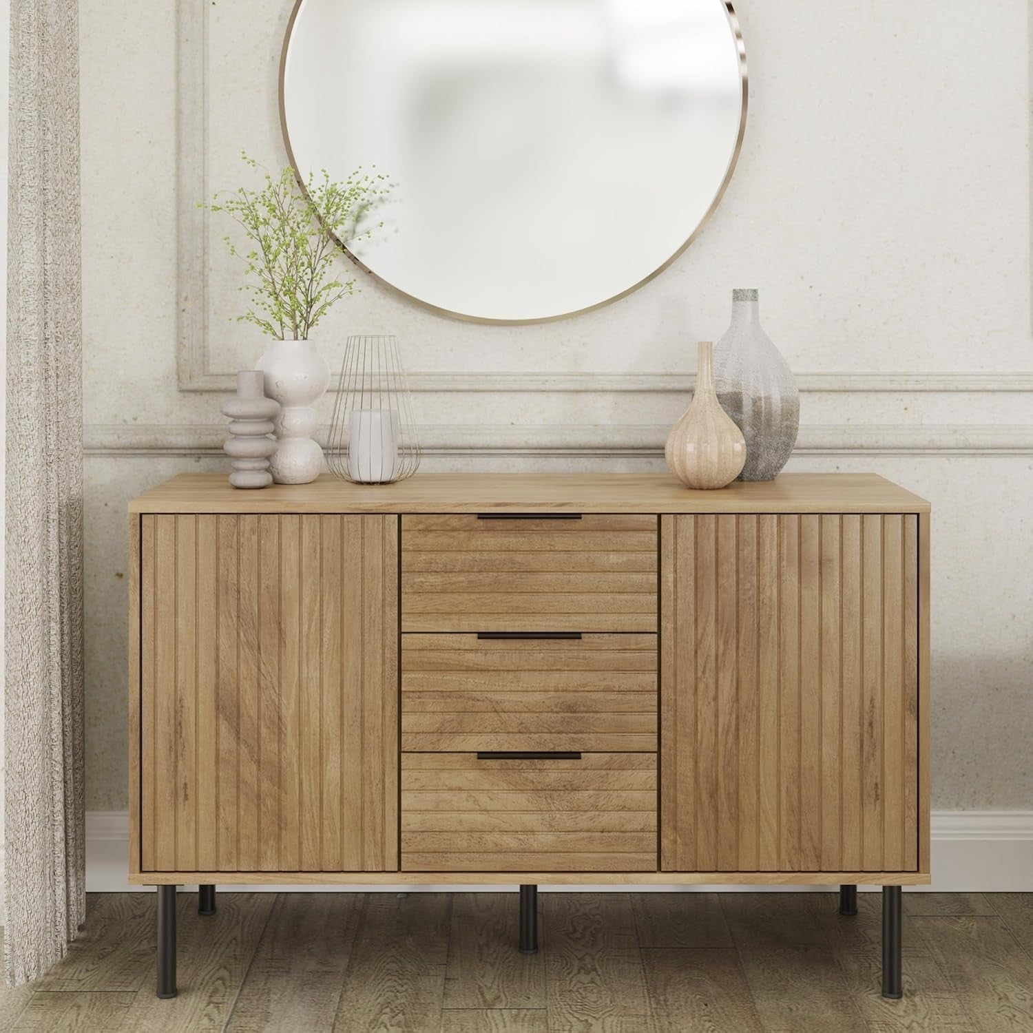 Oak Sideboard Cabinet with 2 Doors 3 Drawers Modern Storage for Living Room