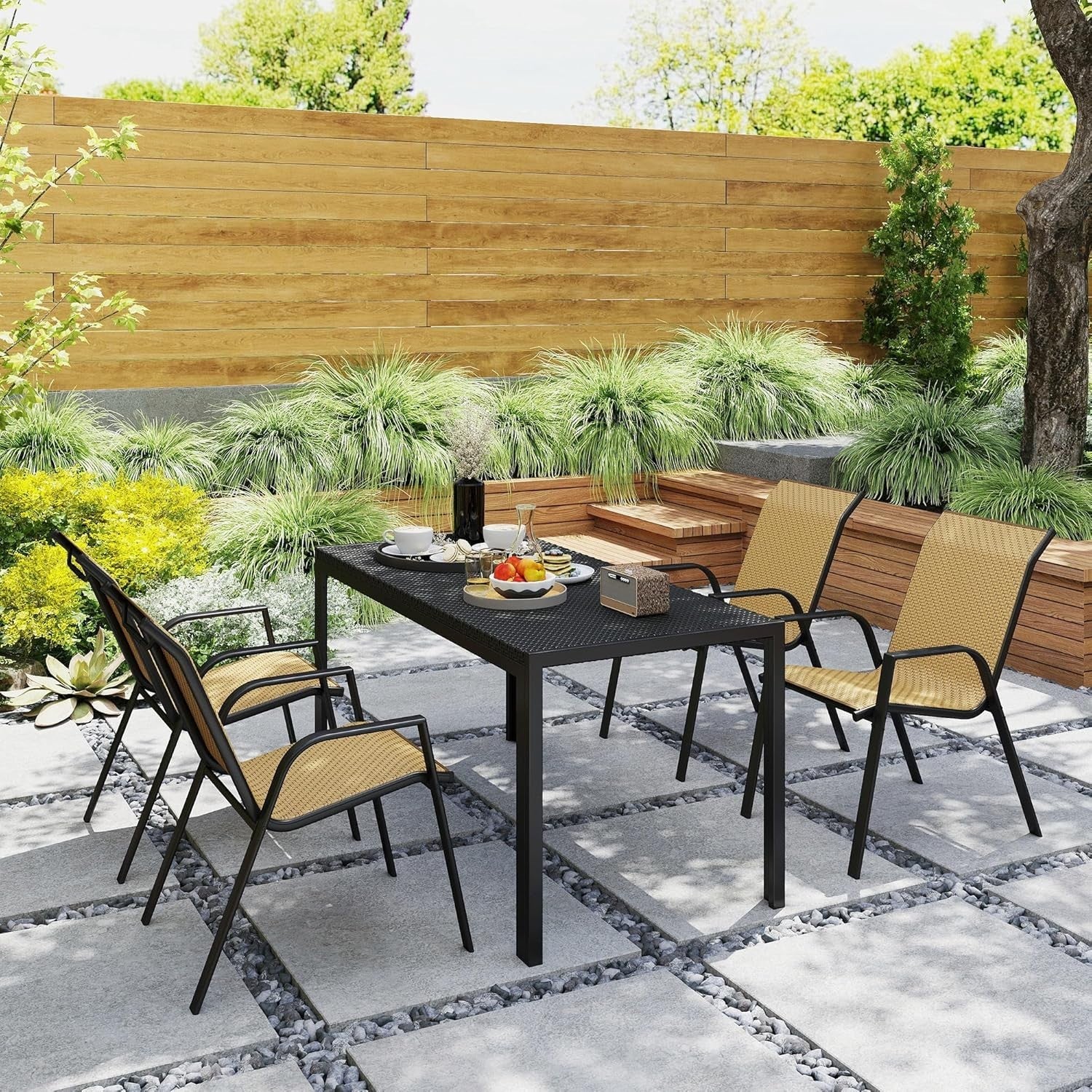Stackable Rattan Garden Chairs Set of 4 Outdoor Dining Armchairs Patio