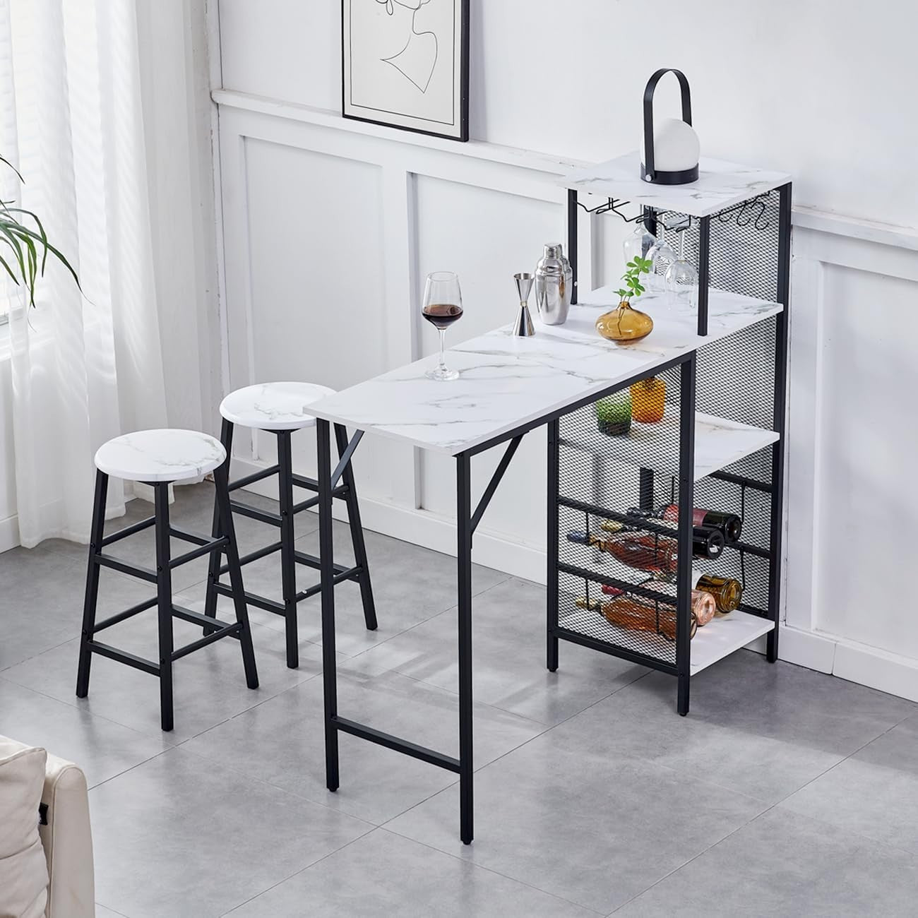 3 Piece Bar Table Set Wine Rack Shelves & 2 Stools White Marble Dining Furniture