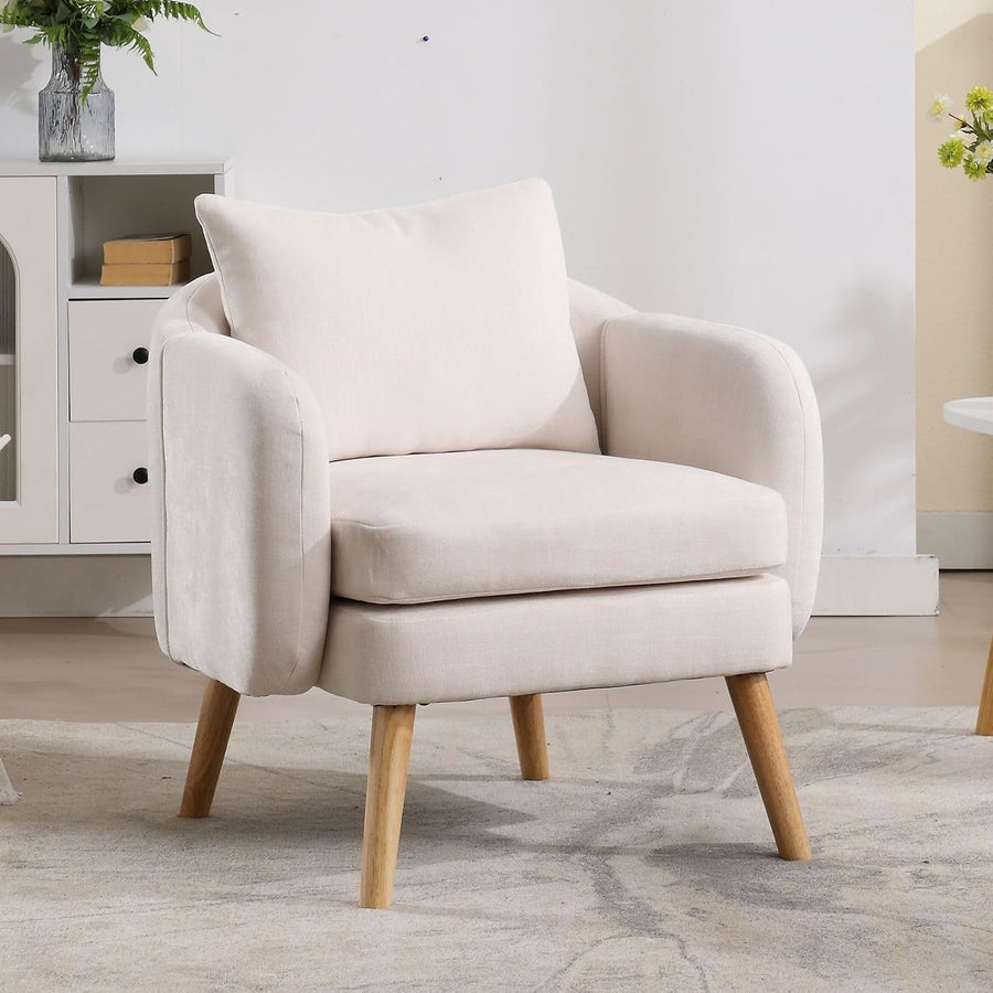 Beige Accent Armchair Chenille Lounge Chair with Wood Legs for Living Room