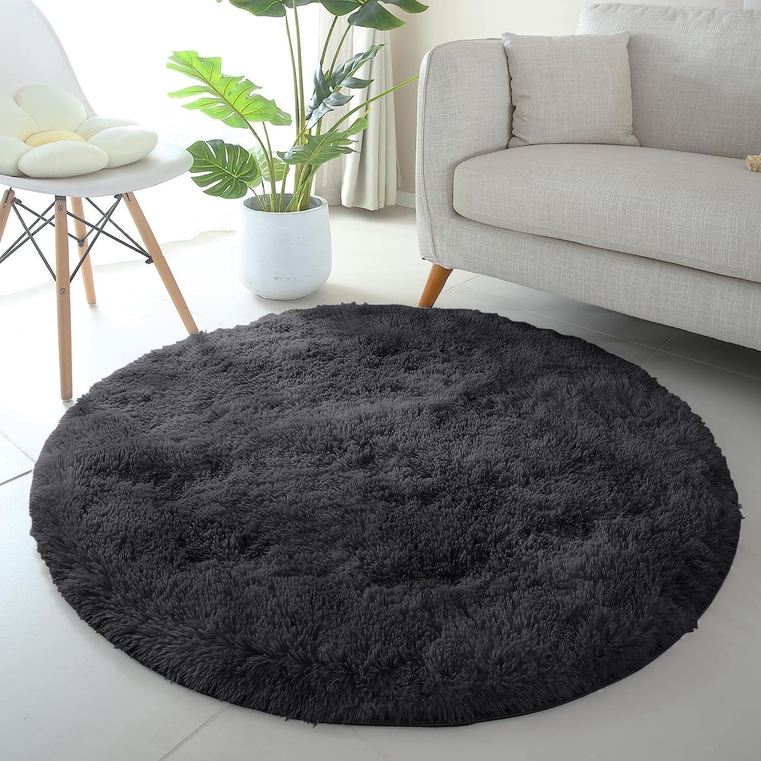 Round Shaggy Rugs Set 2pcs 120x120cm Black Super Soft Non Slip Thick Pile