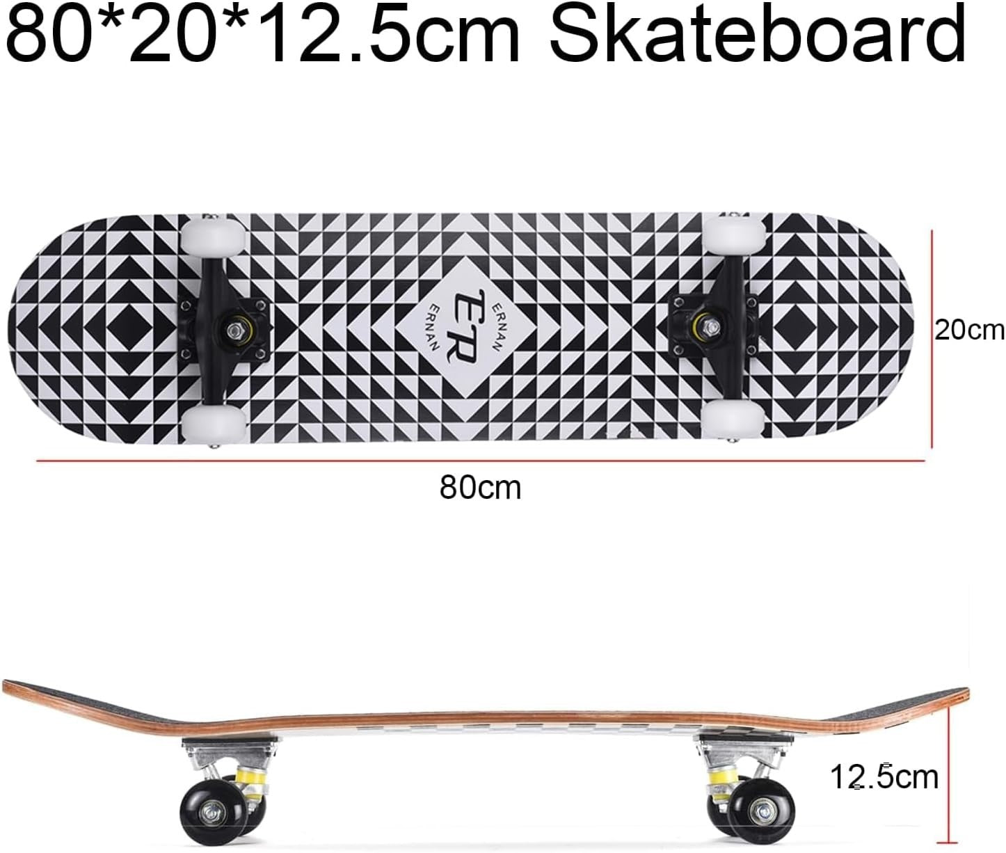 31" Maple Double Kick Skateboard Beginners Kids Adults w/ T-Tool Half Black Deck