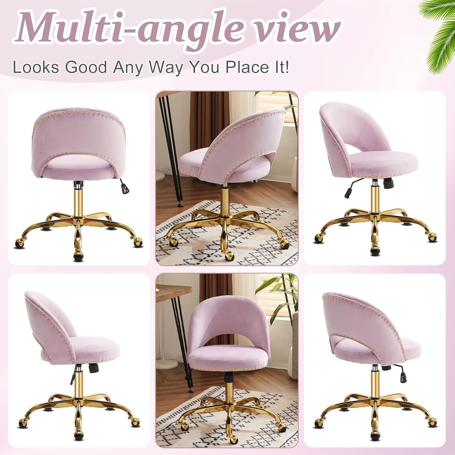 Purple Adjustable Velvet Swivel Desk Chair – Comfy Vanity & Office Seating