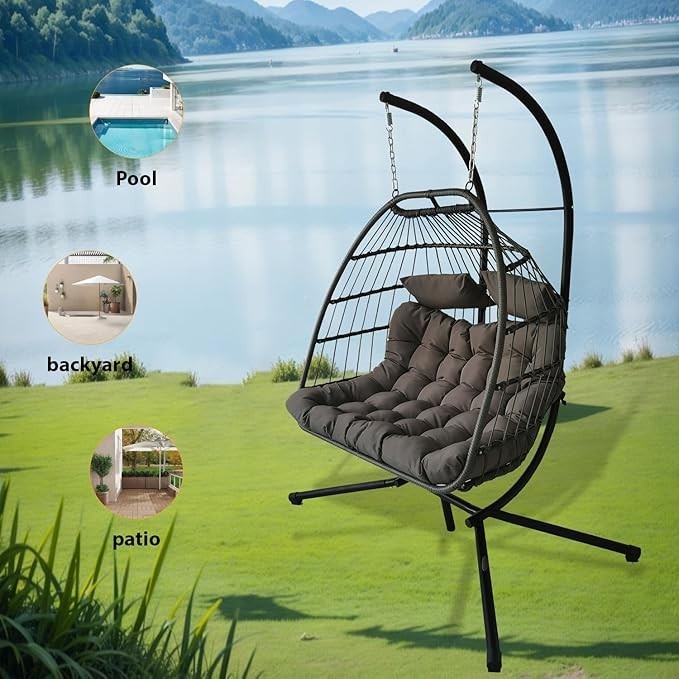 Foldable Double Egg Swing Chair with Stand, Rattan Hammock Seat, 240kg Capacity