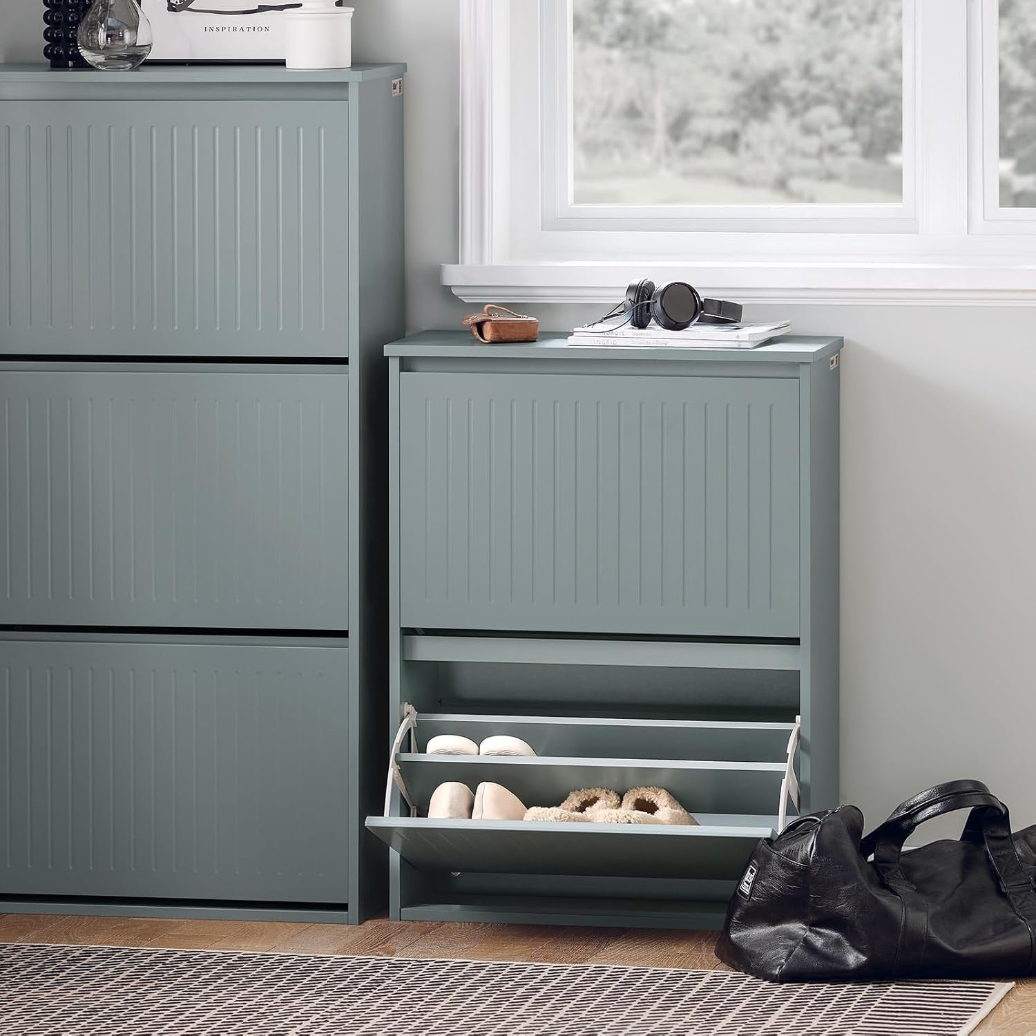 Slim Shoe Storage Cabinet Grey – 2 Flip Drawers Narrow Hallway Cupboard MDF