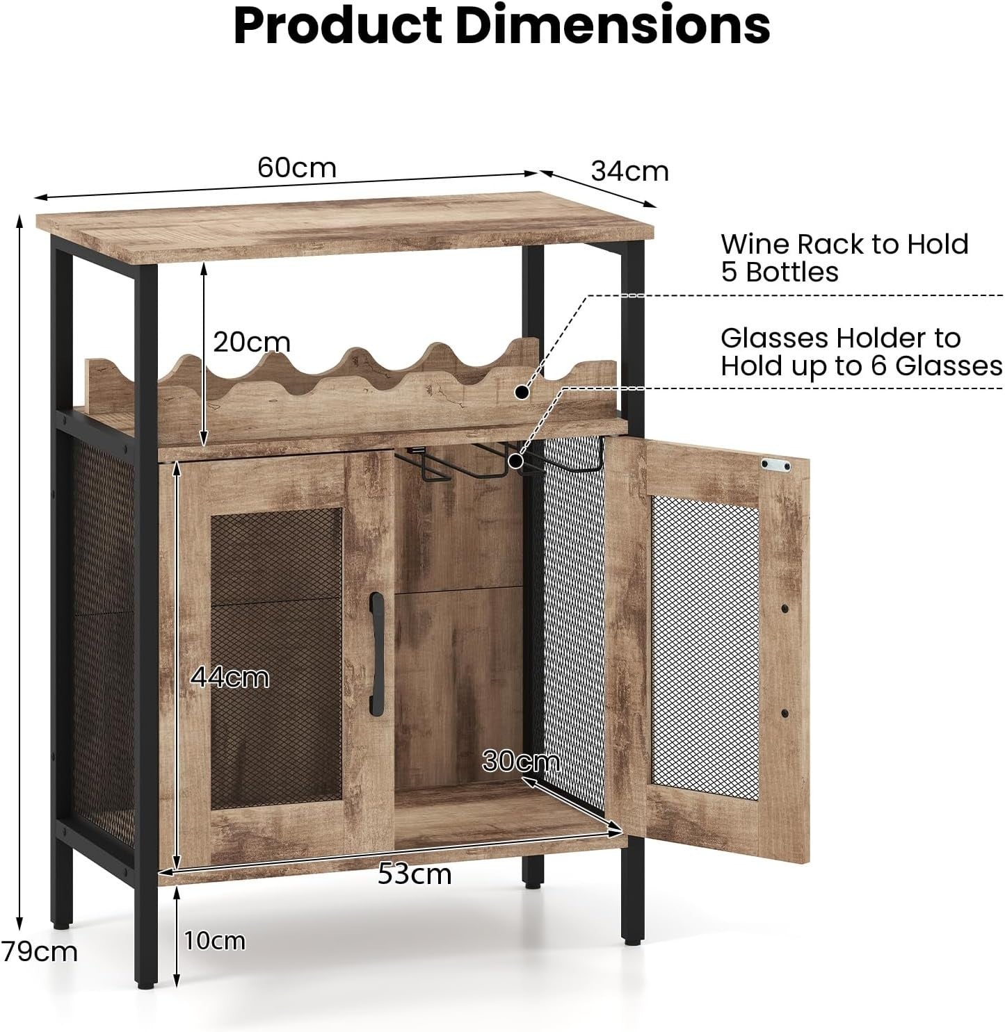 Industrial Wine Bar Cabinet with Wine Rack & Glass Holders Rustic Sideboard Grey