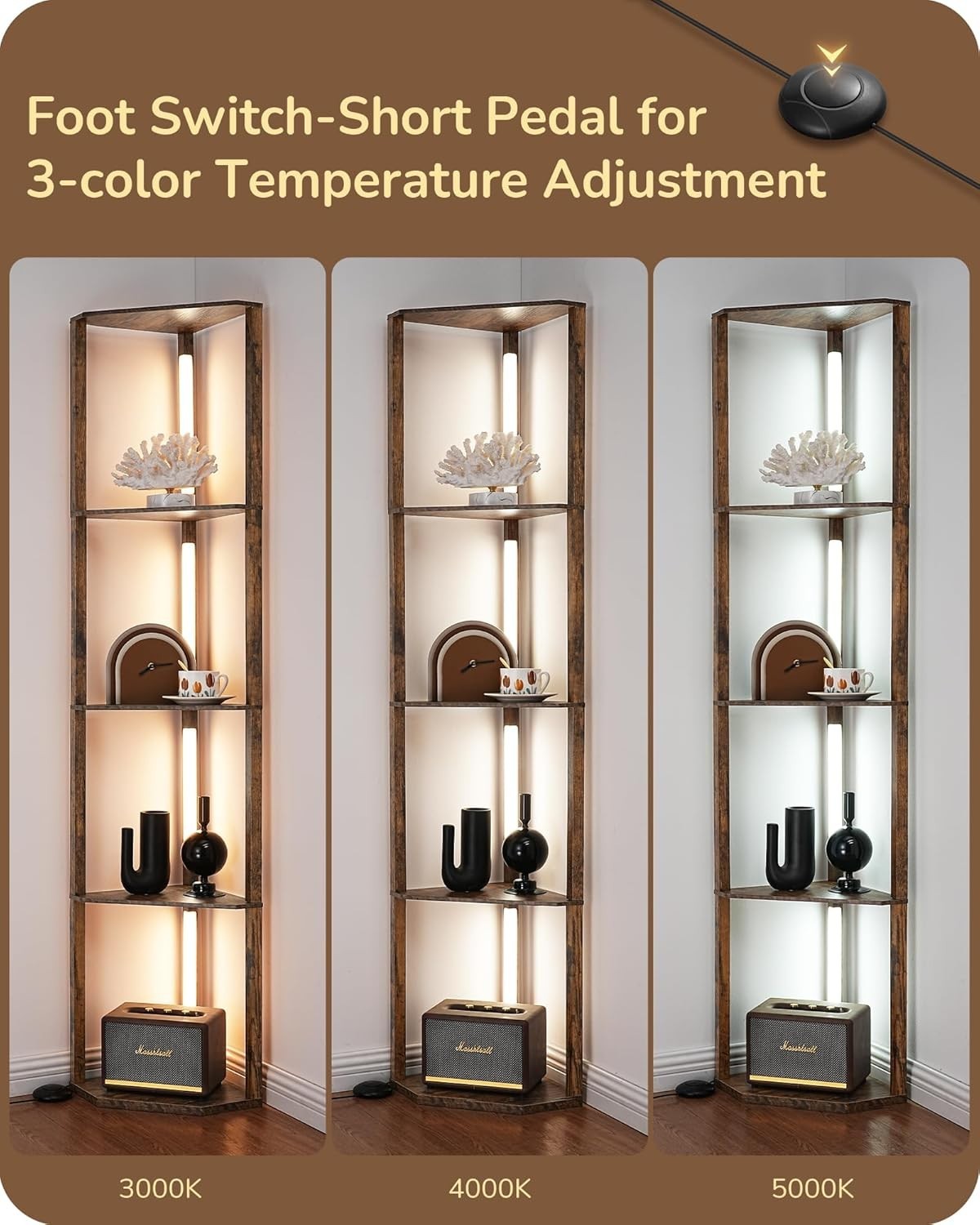LED Corner Floor Lamp Shelf Unit 4-Tier Wood Storage Dimmable Light