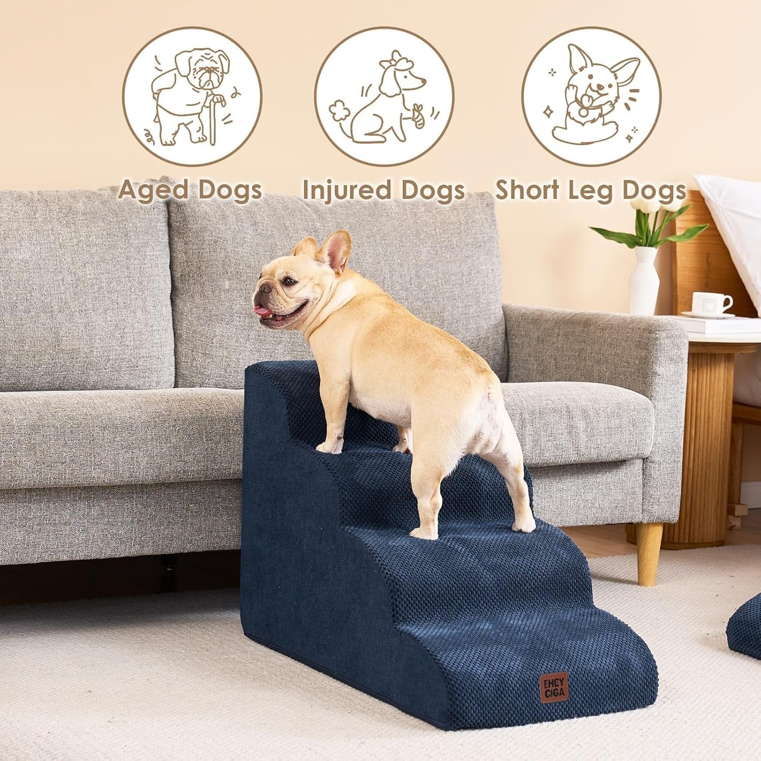 4 Step Dog Stairs for High Bed Non Slip Foam Pet Steps Navy