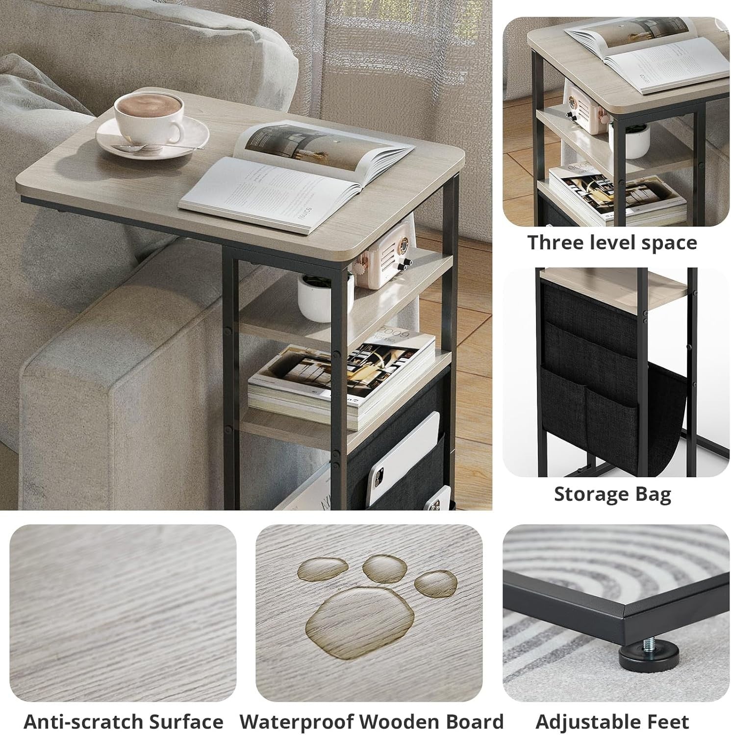 Slim C-Shaped End Table with Storage Bag | Adjustable, Sturdy Metal Frame for Sm