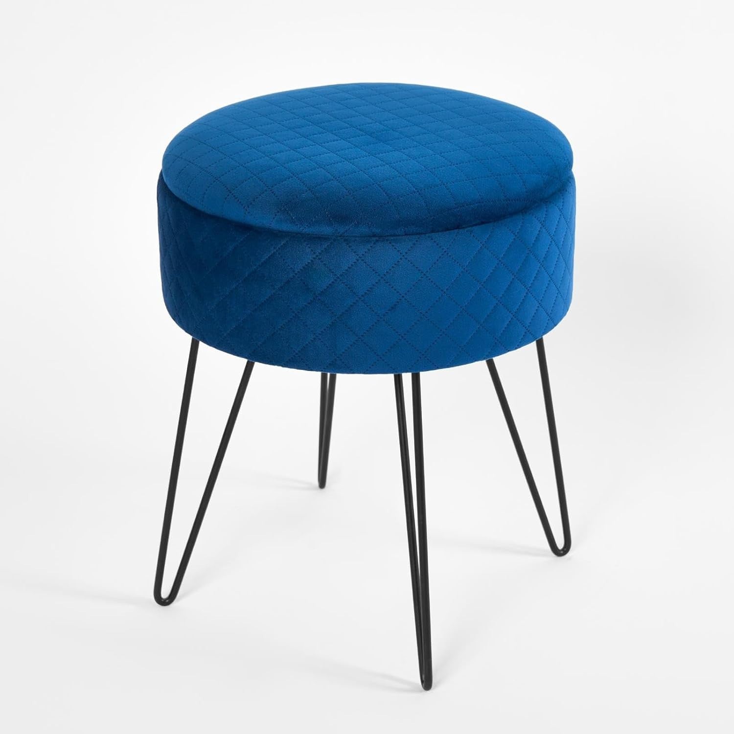 Navy Velvet Storage Stool Round Quilted Footrest Hairpin Leg Vanity Seat
