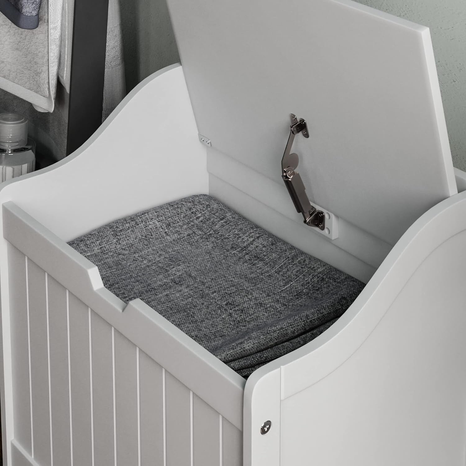 Bathroom Laundry Cabinet Storage Chest with Wooden Basket White MDF
