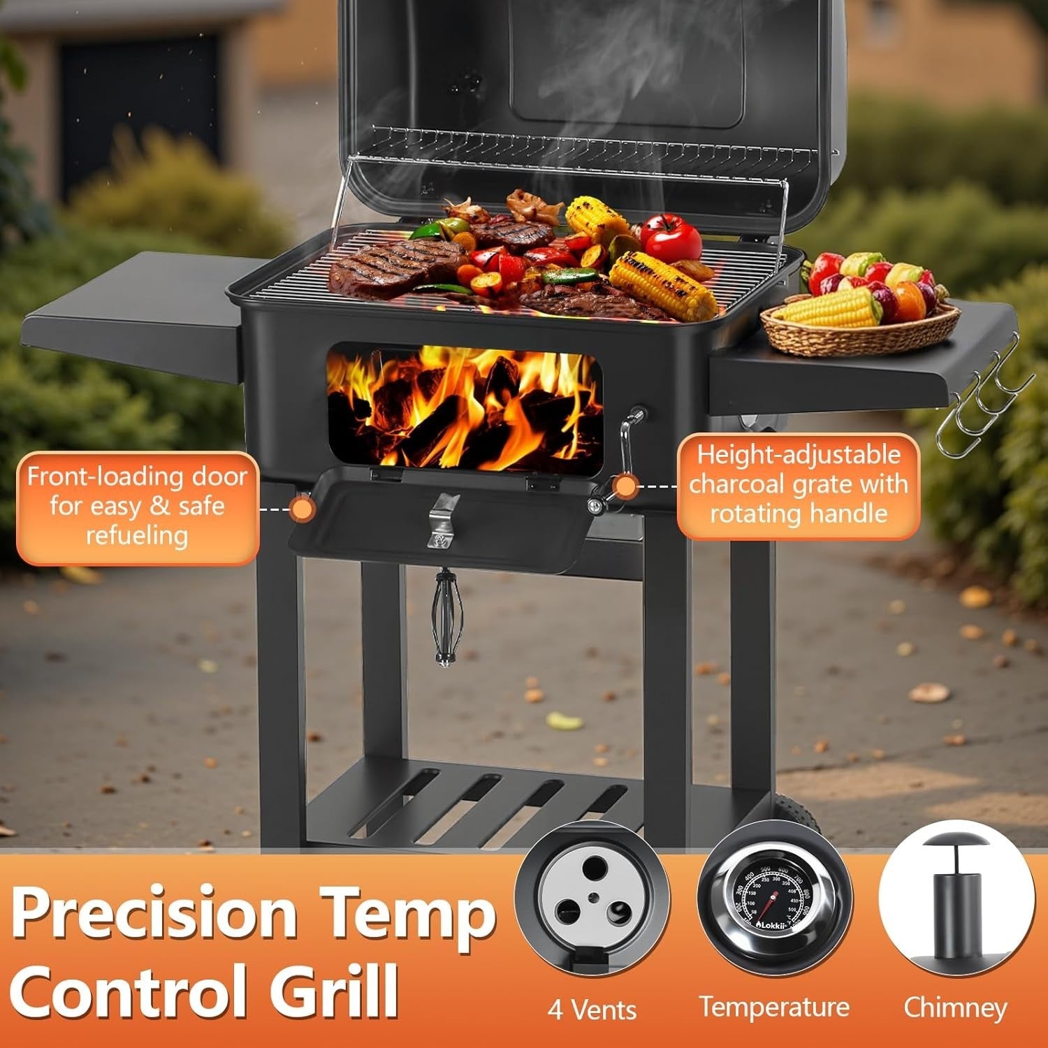 XL Charcoal BBQ Grill | Barrel Drum Smoker with Side Shelf & Warming Rack