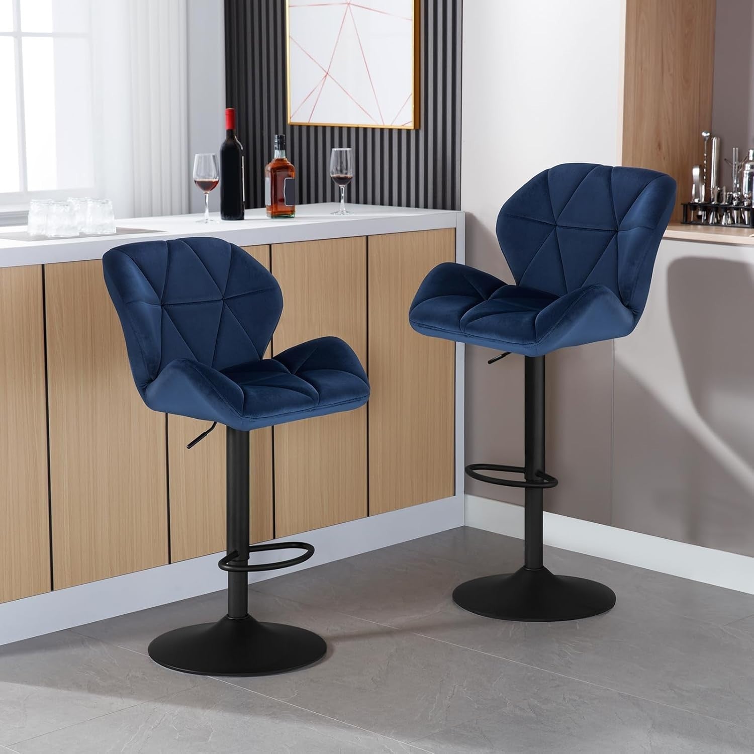 Velvet Swivel Bar Stools Set of 2 Adjustable Counter Chairs Blue