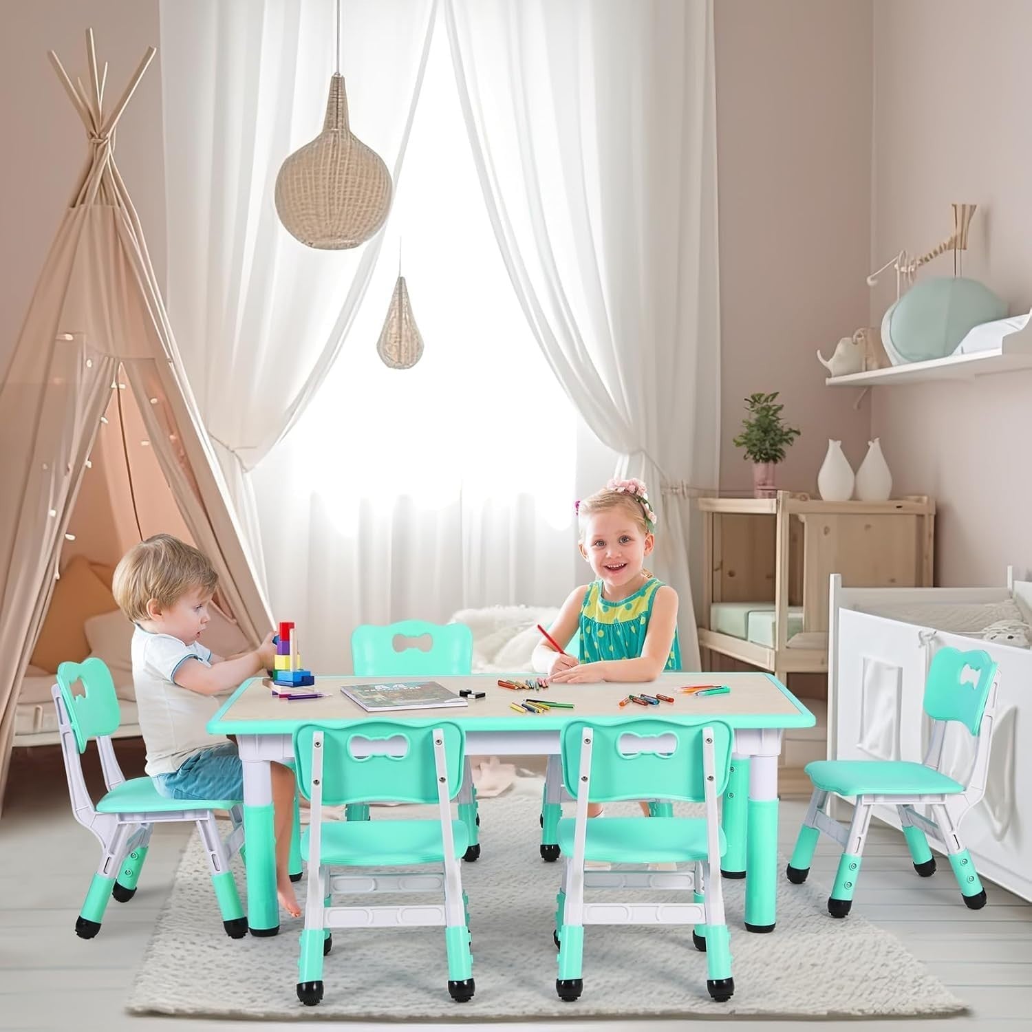 Adjustable Kids Table & 6 Chairs Set Durable Plastic Furniture Mint Green
