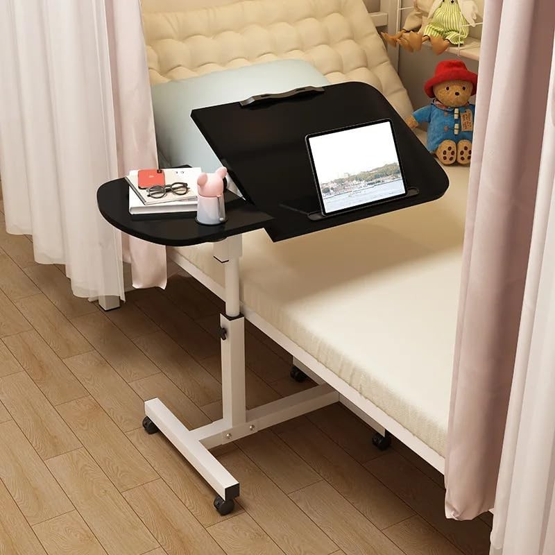 Adjustable Overbed Laptop Table with Wheels Tilt Top Bedside Desk Black