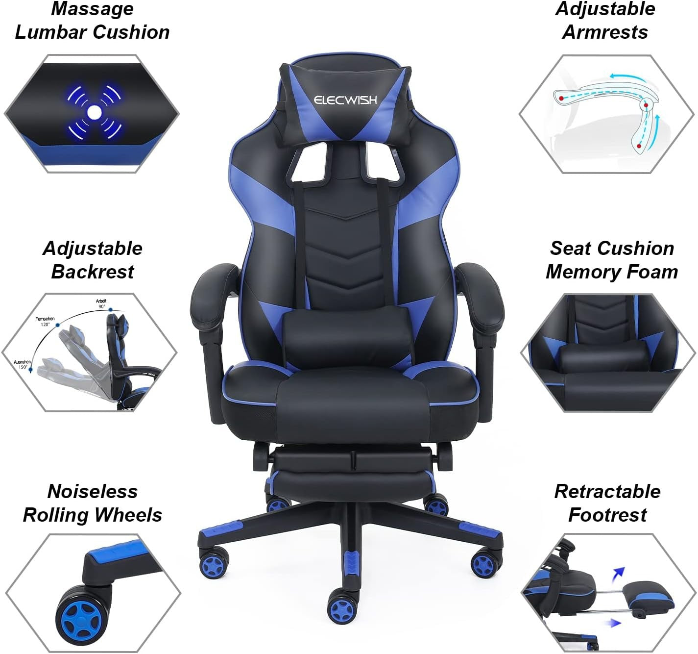 Gaming Chair with Massage & Footrest Reclining Ergonomic Blue
