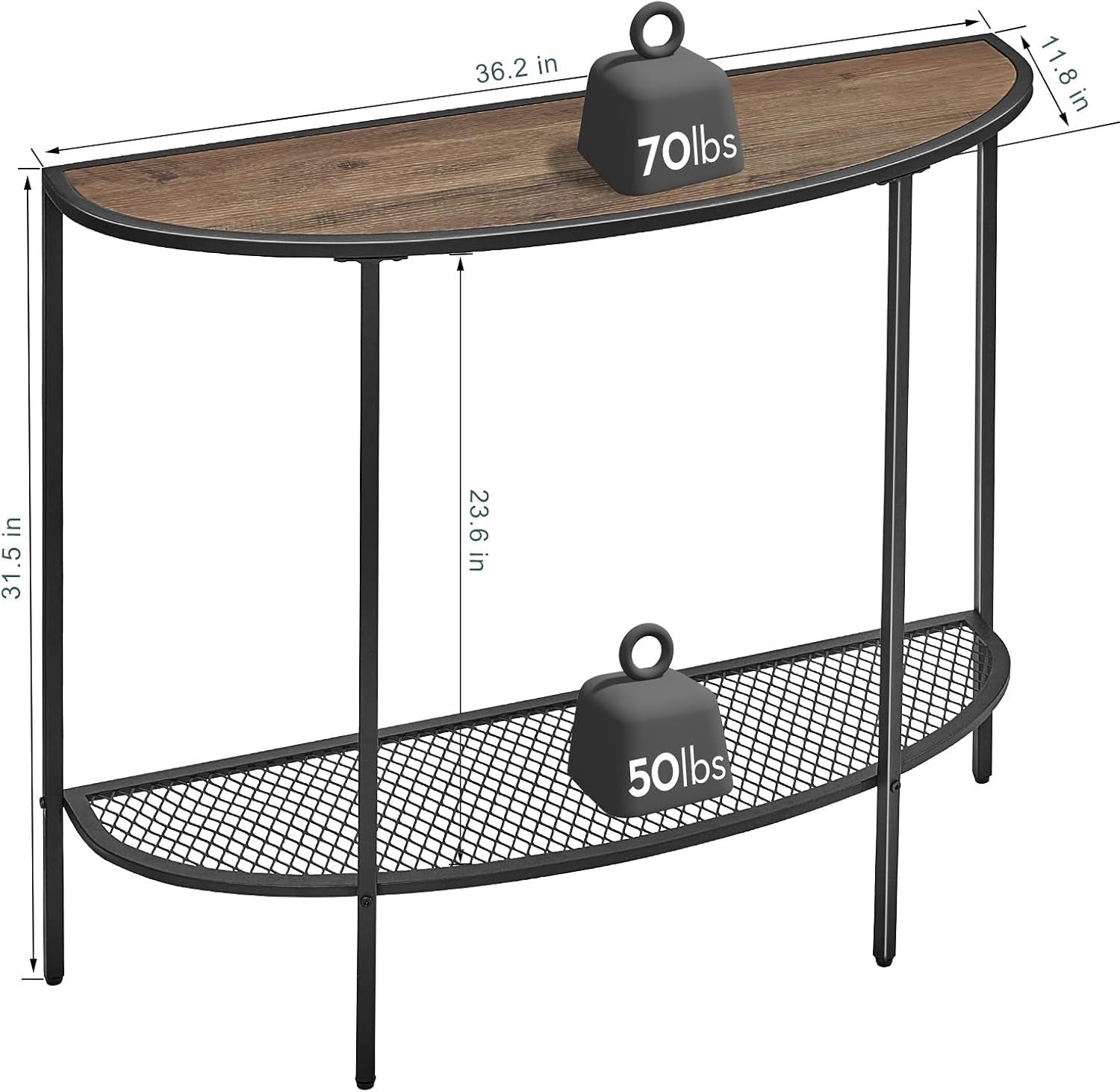 Slim Half Moon Console Table Grey with Shelf, Narrow Entryway Hall Table