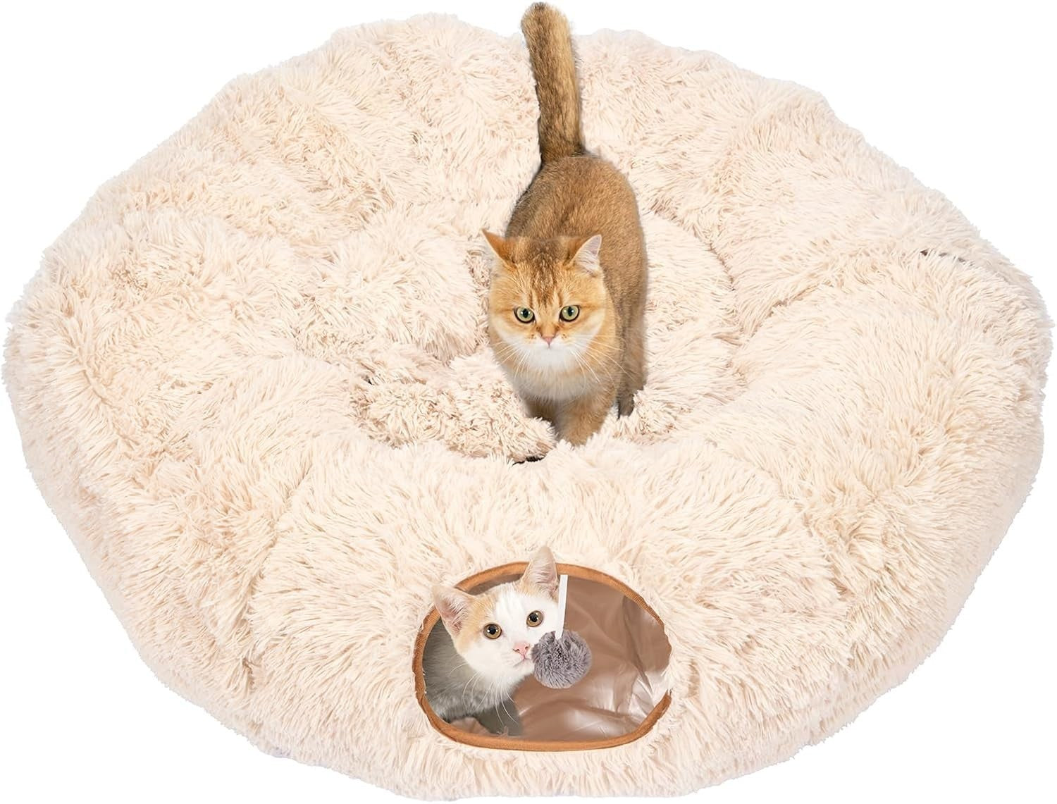Cat Tunnel Bed Plush Donut Play Tunnel Large Circle w Cushion Beige