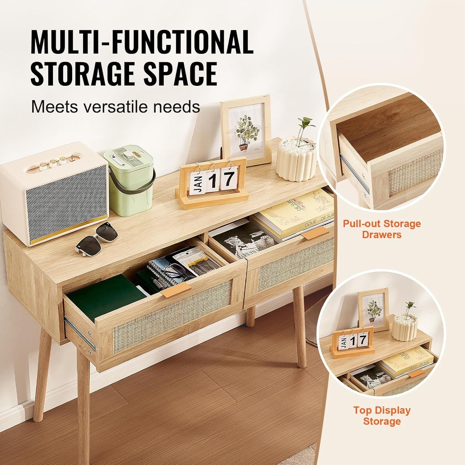 Rattan Console Table with Drawers & Shelf, Entryway Storage Unit 100cm