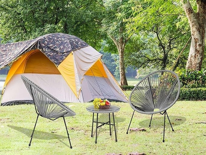 3pc Egg Chair Patio Set Grey Indoor Outdoor Bistro Furniture w/ Table