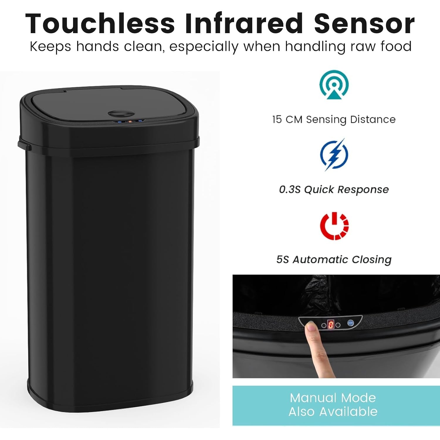 58L Automatic Sensor Kitchen Bin Touchless Soft Close Black