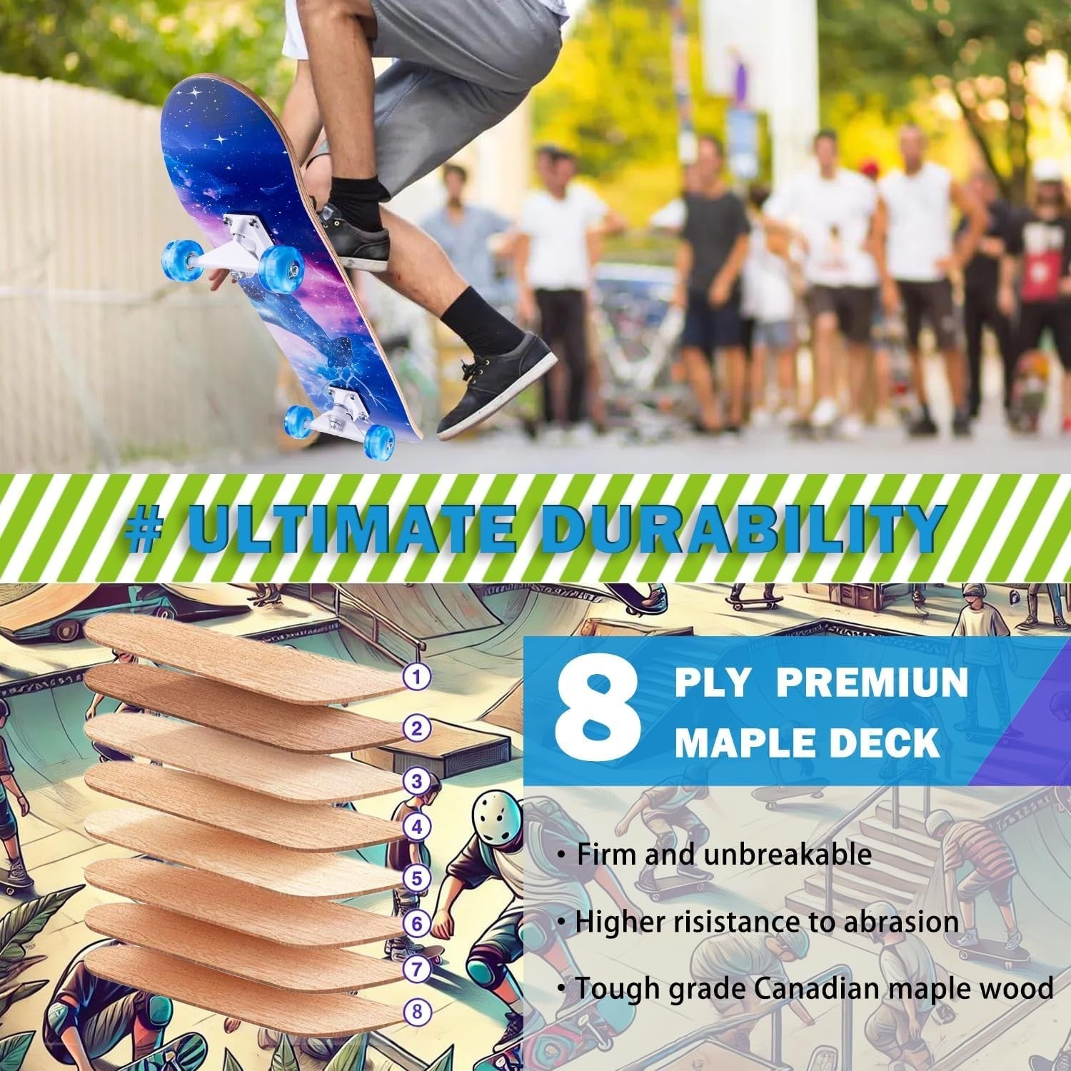 31in Complete Skateboard 8 Layer Maple Trick Deck Teens & Adults Blue