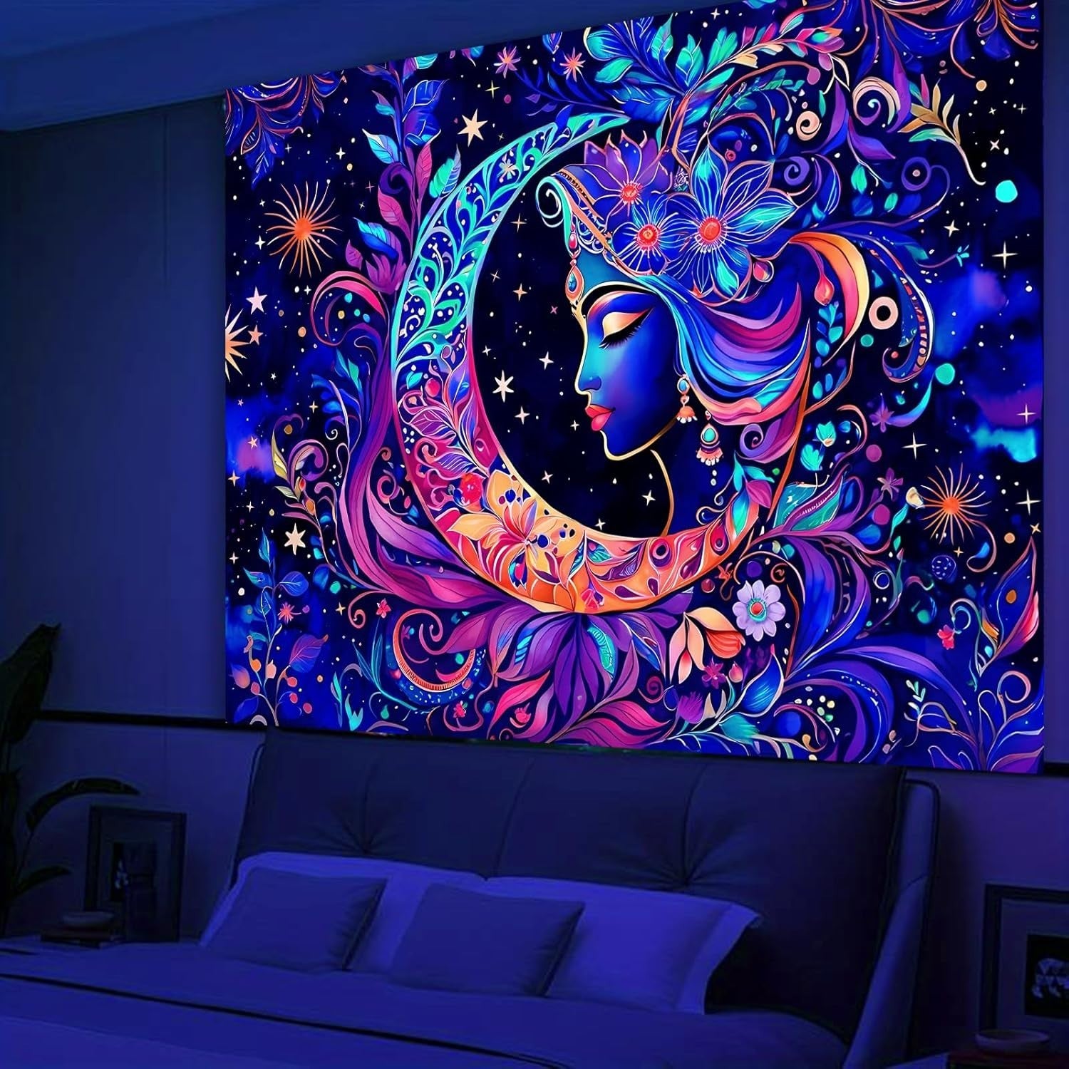 UV Reactive Moon & Star Mandala Tapestry Boho Wall Art